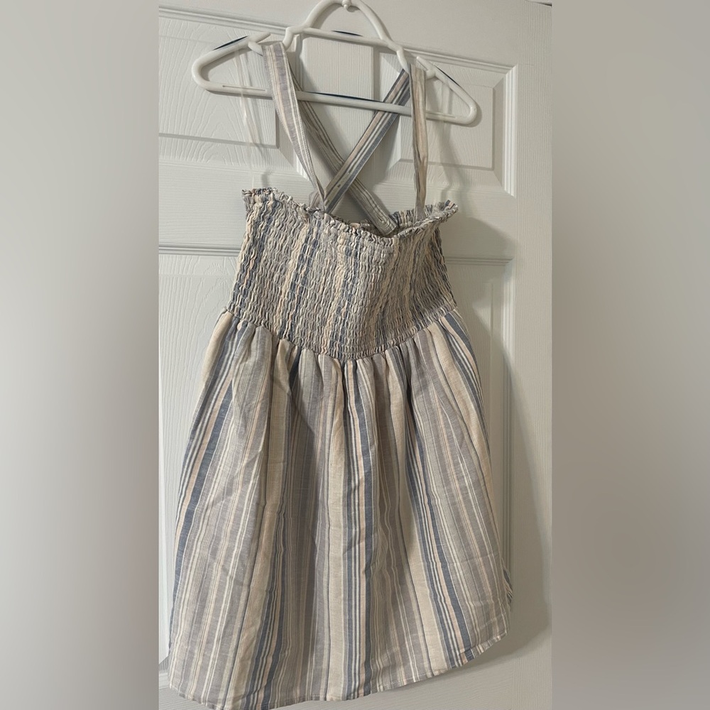 American Eagle Linen Blend Striped Summer Dress Shirred Womens Size Large